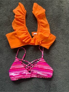 Ruffled Orange Bikini Top & Pink Striped Bralette Set